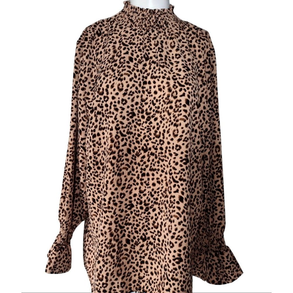 Solution Cheetah Print Size L Mock Neck Shirt Top Balloon Sleeves Ruffle Brown
